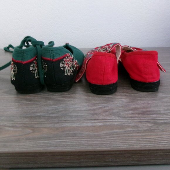 Lot 2 Pair Asian Embroidered Shoes Green Red Mary Jane and Ankle Tie 5.5 / 6 - Picture 15 of 16